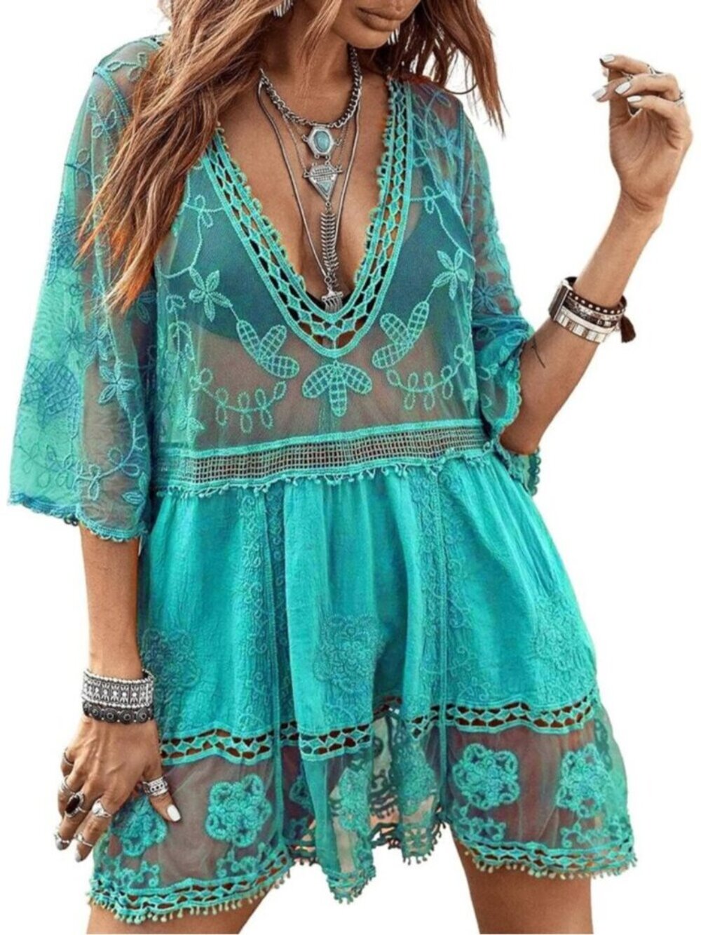 🆕Women's Light Blue Rayon V-Neck Coverup Mesh Lace Bathing Suit Swimsuit